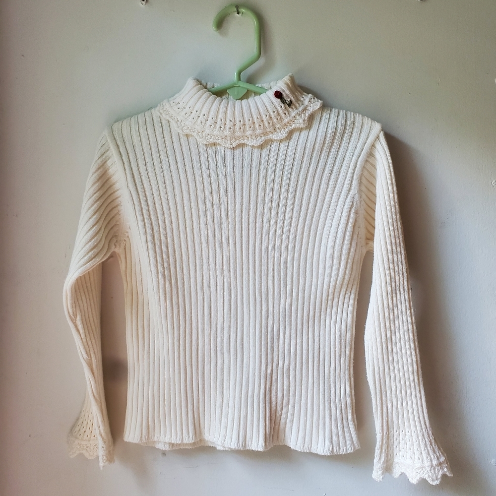 Vintage Gymboree Ribbed Knit Cream Sweater with Crochet & Embroidered Rose, 4T